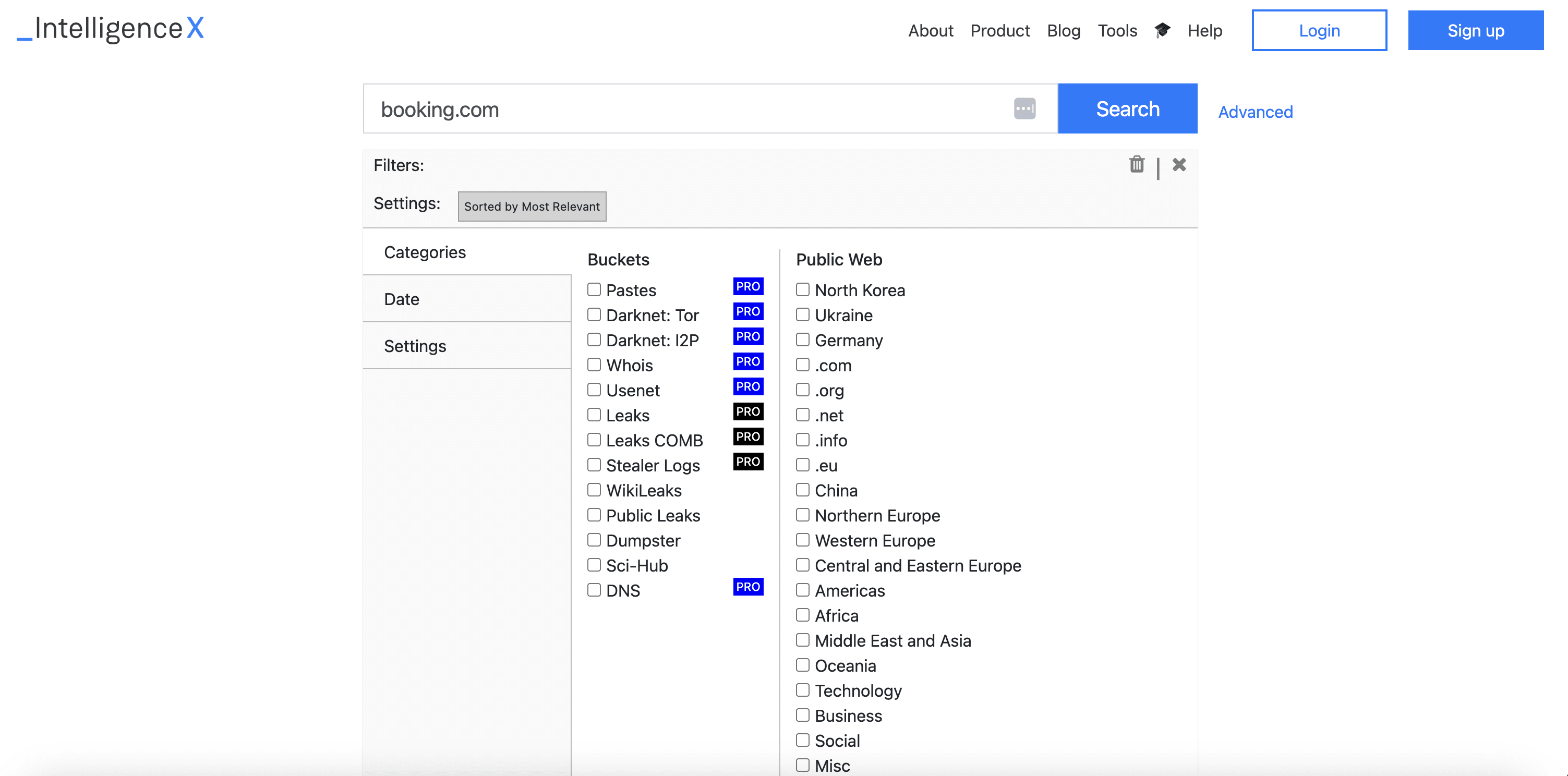 A search for “booking.com” on IntelligenceX shows filter options for buckets, public web domains, and regions.
