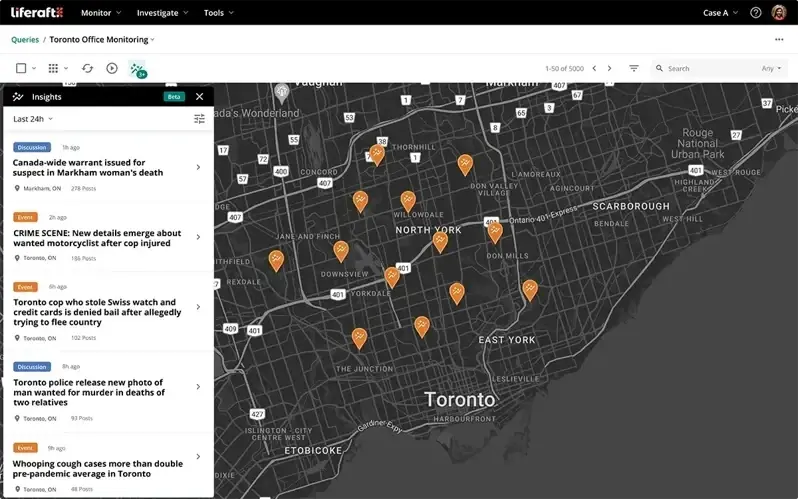 A map of Toronto with news event markers and a sidebar listing recent crime-related news headlines and discussions.