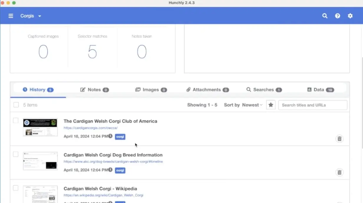Hunchly dashboard showing search results and web page history for the keyword Corgis.
