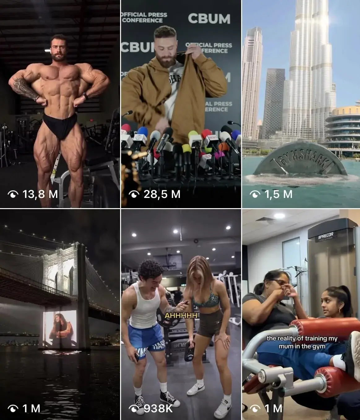 A grid of 6 reel thumbnails from a variety of fitness creators.