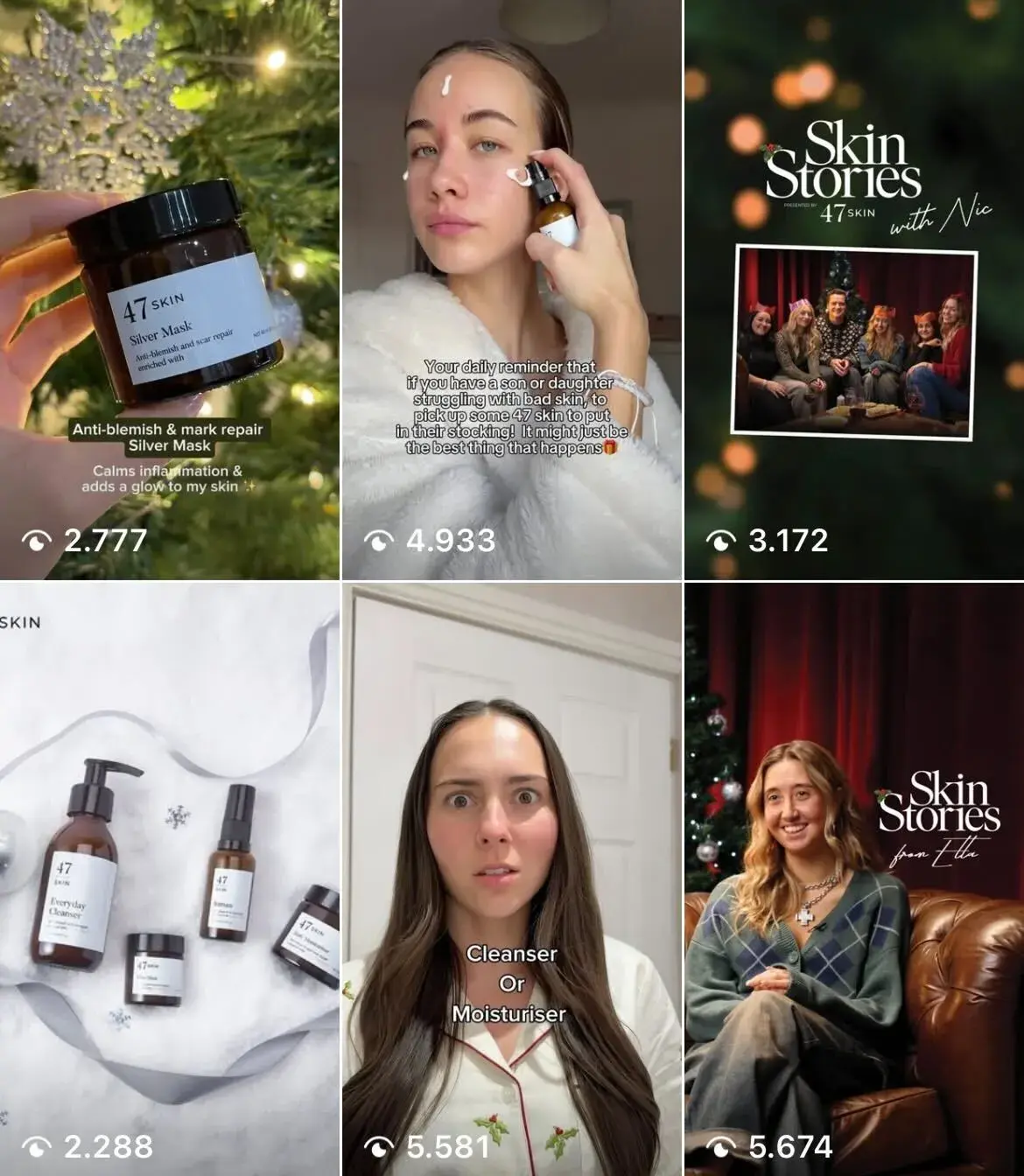 Grid of 6 reel thumbnails showing various influencers talkinng about/displaying skin care products.