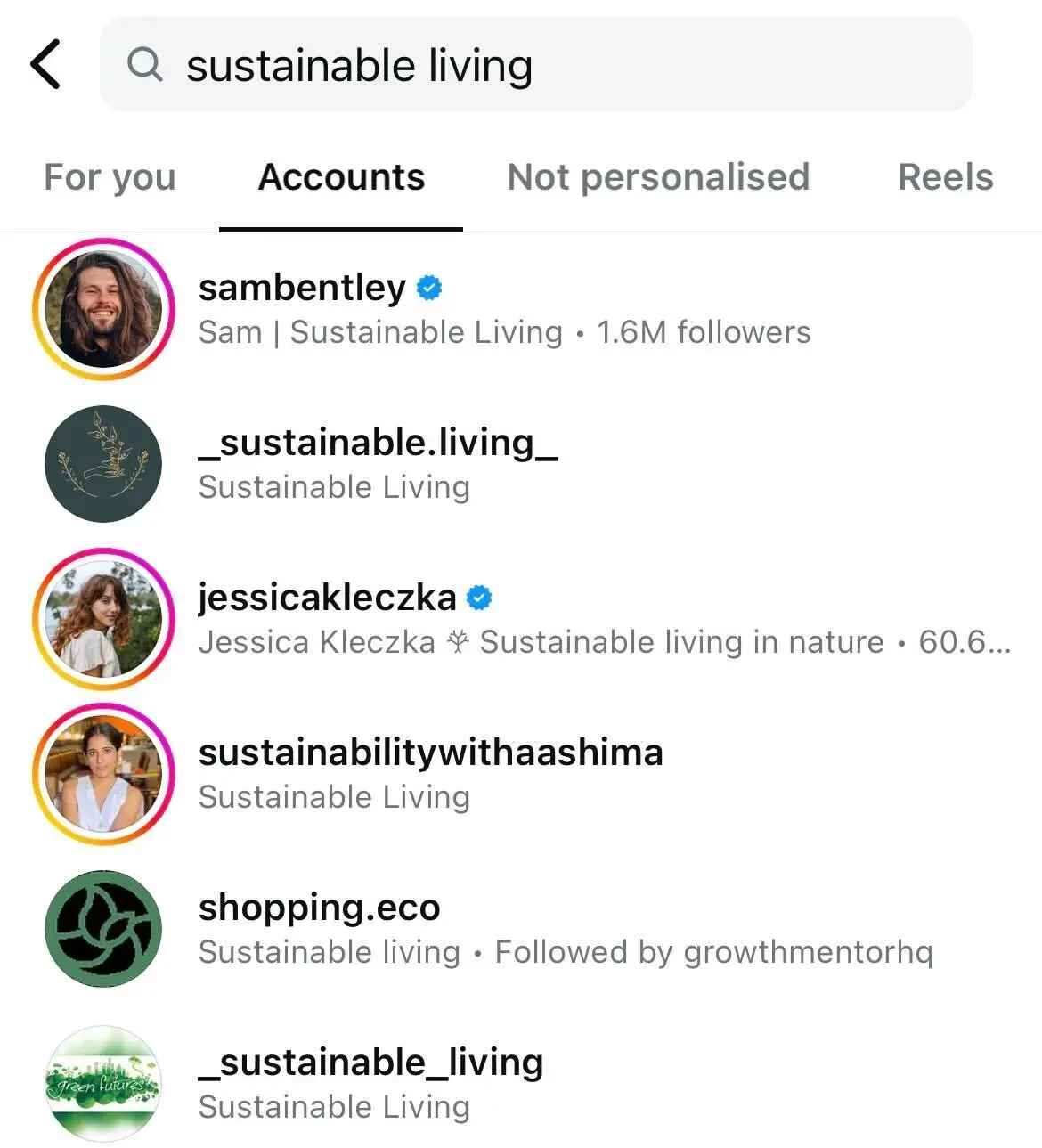 A list of accounts that appear when searching "sustainable living" on instagram.