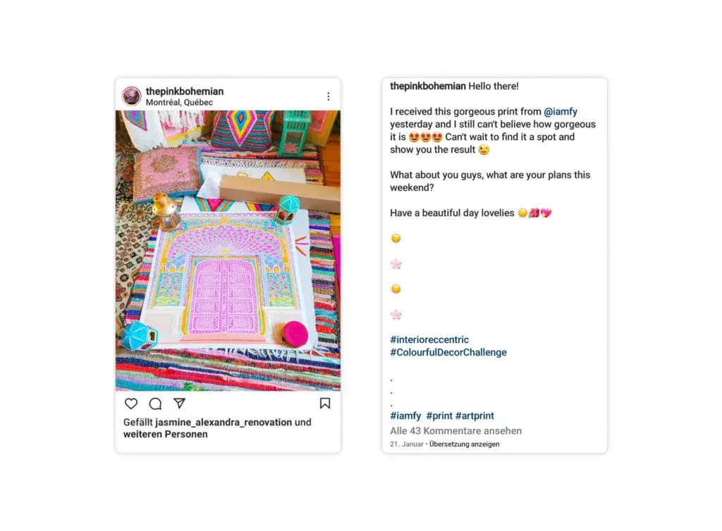 Instagram post and description of a free print that @iamfy sent to influencer @thepinkbohemian.