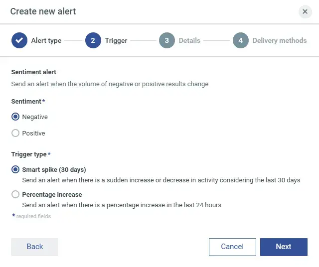 How to set up a new alert, with options for it to trigger on a positive or negative spike, or percentage increase.