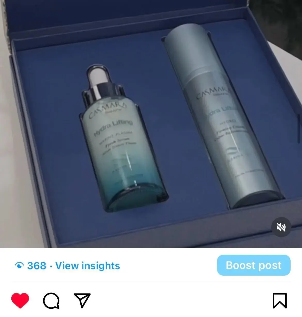 Instagram screenshot of Casmara Hydra Lifting promo shot, showing 368 views.