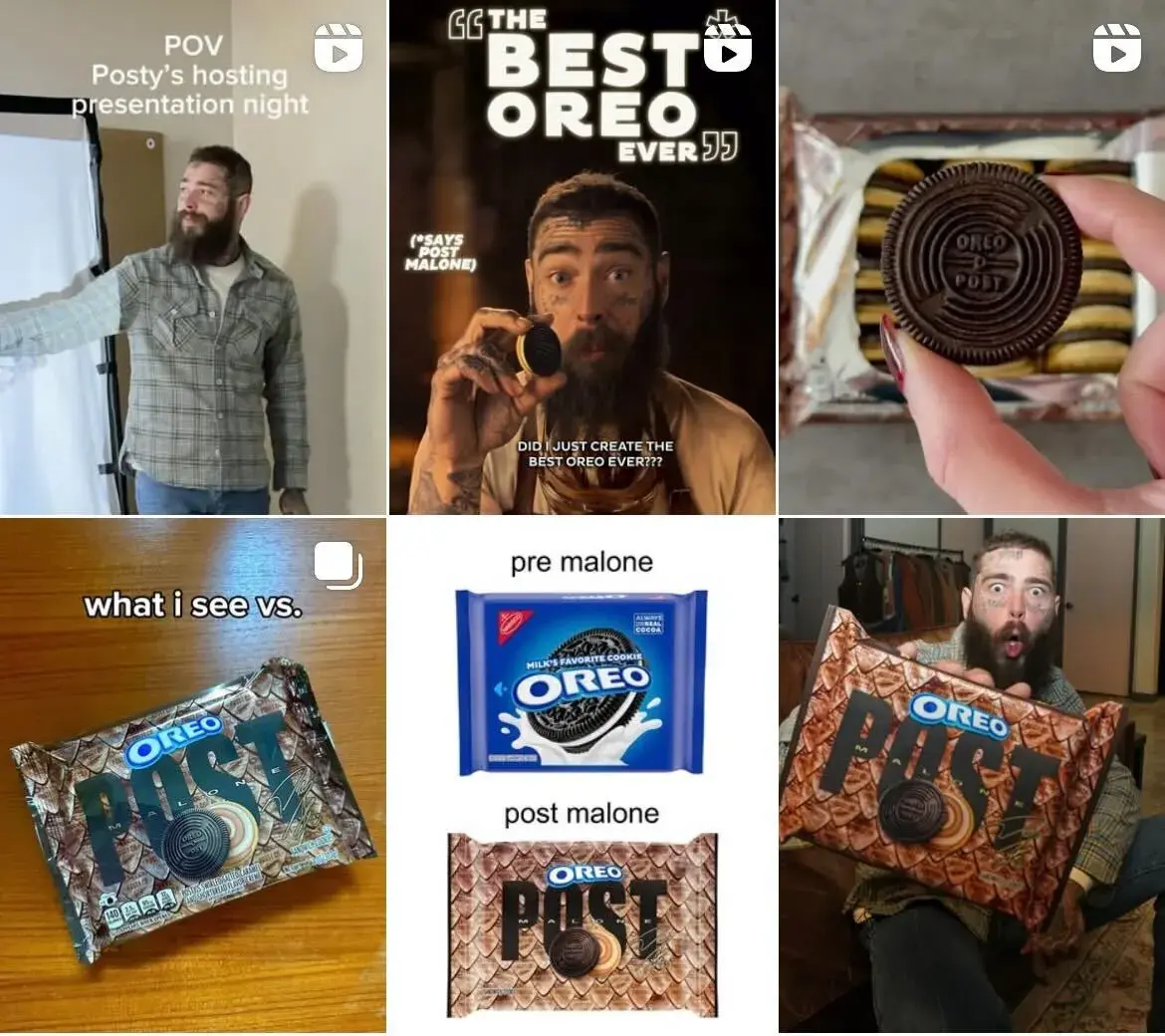 Six screenshots (from reels and posts) featuring Oreo cookies and/or rapper Post Malone.
