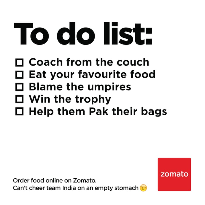 To-do list for world cup - Zomato food ordering online