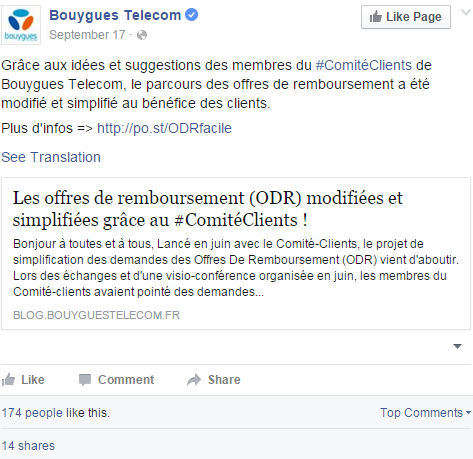 Bouygues Telecom facebook post