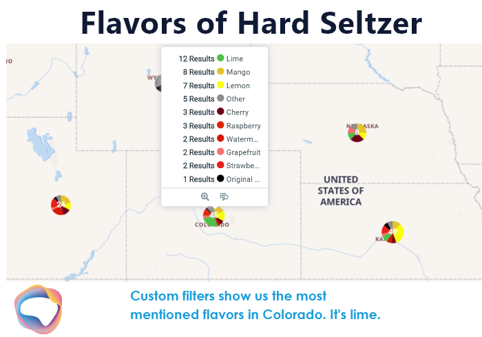 The map shows that in Colorado lime is the most mentioned flavor.