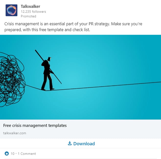 Promoted social media ad - Talkwalker - crisis management templates