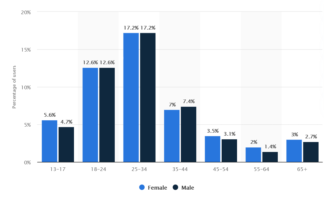 Distribution of social media users in South Africa as of January 2020, by age group and gender