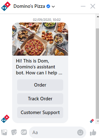 Captura de pantalla de Dom, el chatbot de Domino's Pizza en Facebook Messenger