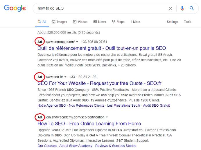 PPC ads in Google, appear above SEO ranked search results