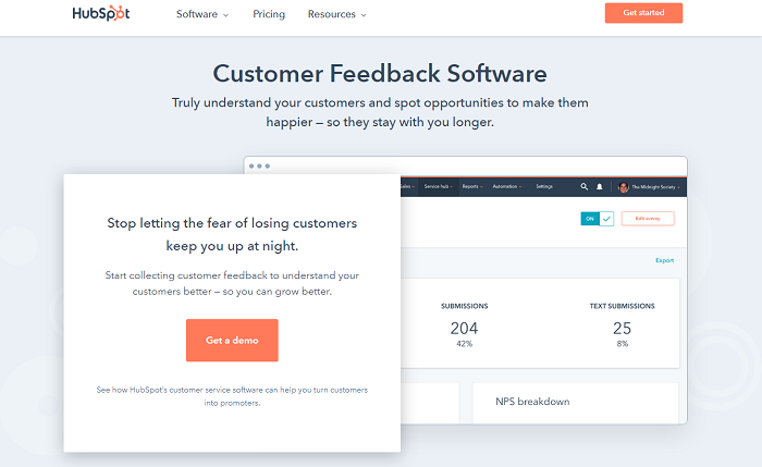 HubSpot customer feedback software home page - sentiment analysis for surveys and reviews