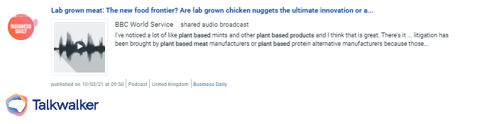 This podcast from the BBC discussed plant-based alternatives and focused on lab-grown chickens as the next innovation.