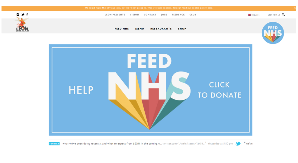 Leon's website homepage showing #FeedNHS campaign in the header