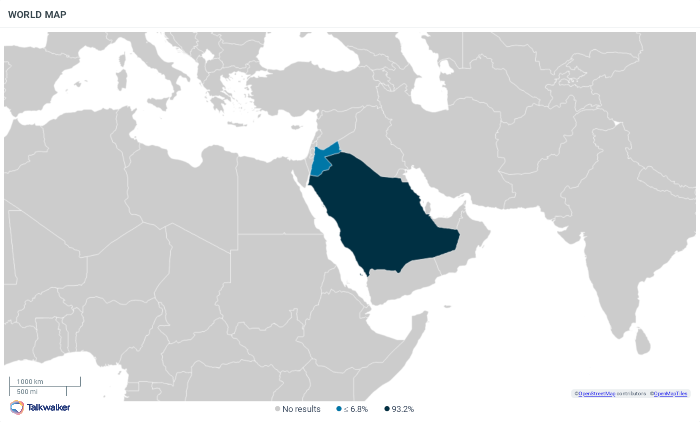 Geographic reach of #تبوك_الدوائية across the MENA region.