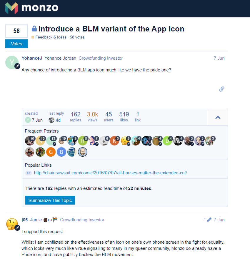 Screenshot of Monzo Community Forum discussion