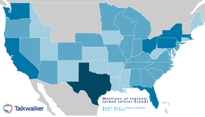 a map of the US shows that on the coasts and in Texas people mention hard seltzer on social media