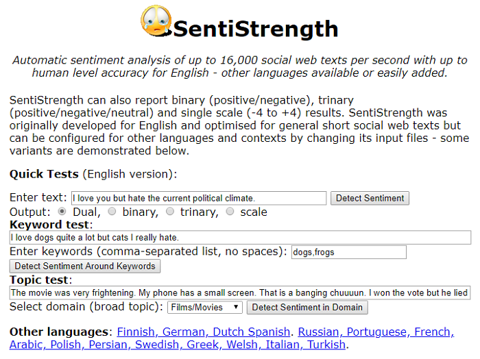 Sentiment analysis tools - SentiStrength