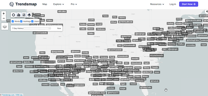 Twitter analytics tools - Trendsmap example showing the US