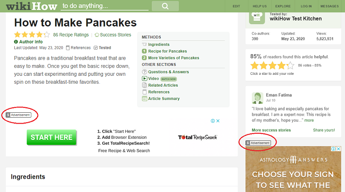 wikiHow site showing PPC display ads