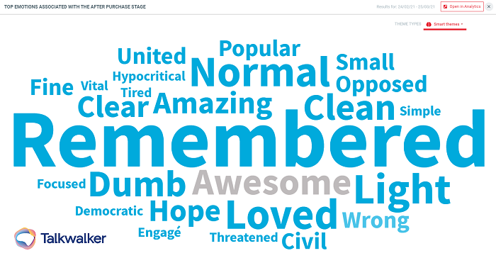 Talkwalker Analytics word cloud showing top emotions expressed at after purchase stage.