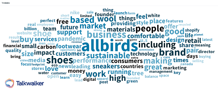 Top themes surrounding trendy shoe company Allbirds during the past 13 months globally.