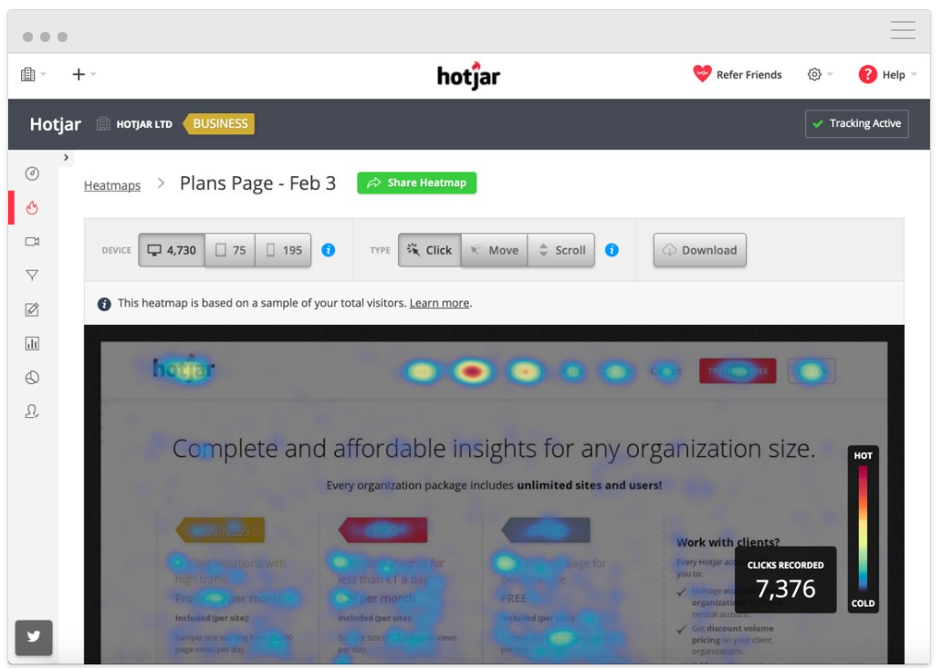Hotjar dashboard showing user heatmap of a web page