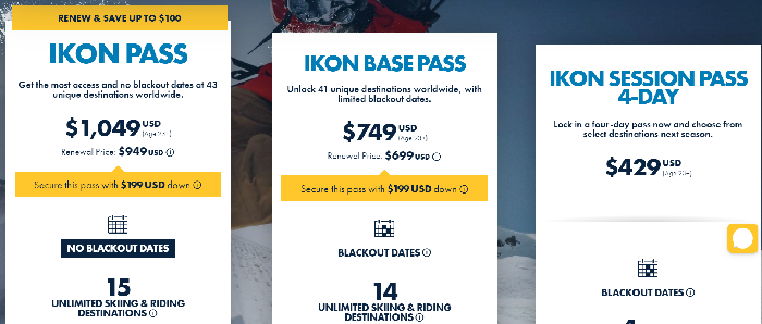 IKON Pass pricing menu