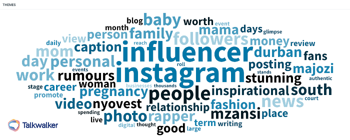 Top themes of social media conversations including the keyword “Instagram influencers” in South Africa during the past 13 months.