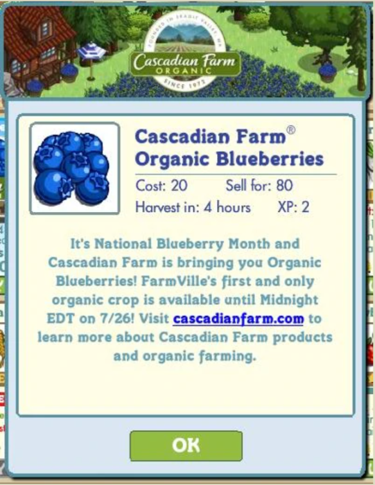 Cascadian Farms Farmville ad integration