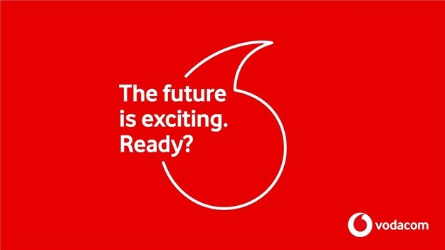 The image show's Vodacom's new logo on a red background with tagline: ‘The future is exciting. Ready?’