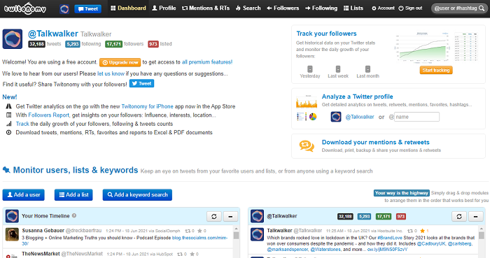 Twitter analytics tools - Twitonomy website home page