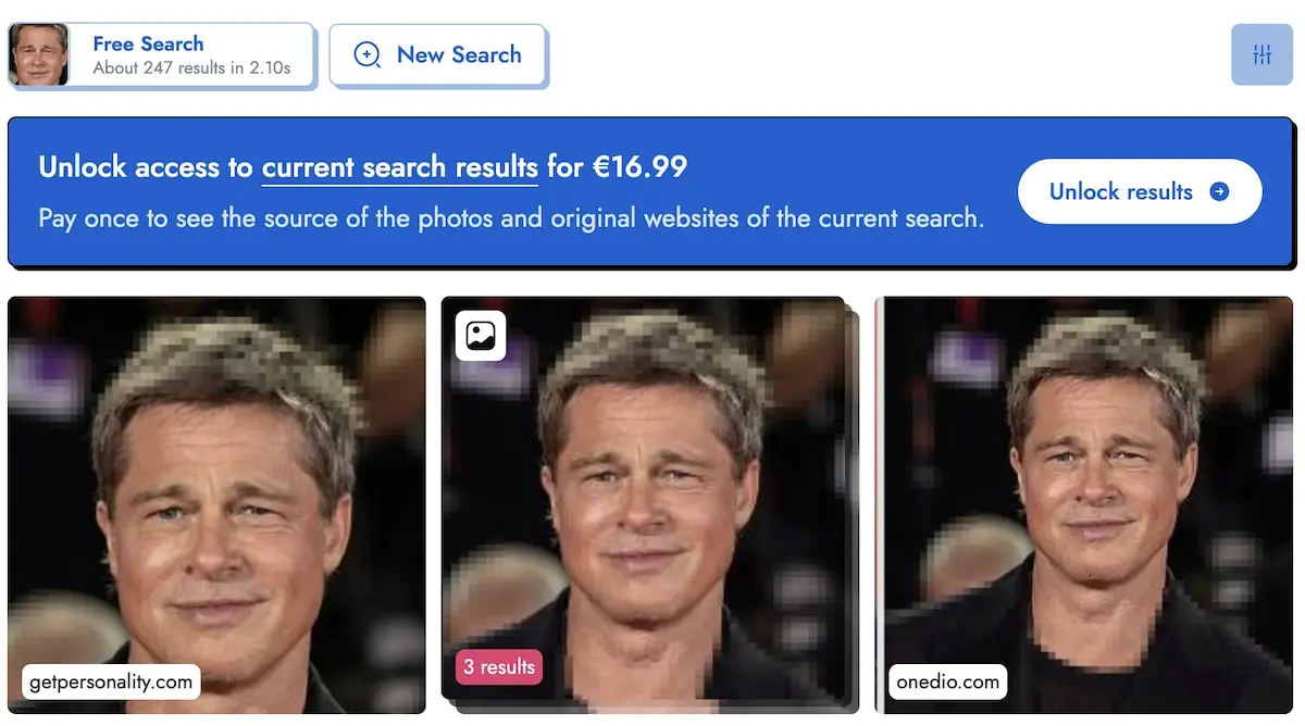 Three blurred photos of the same man in a search result interface, with a price banner offering access to full results.